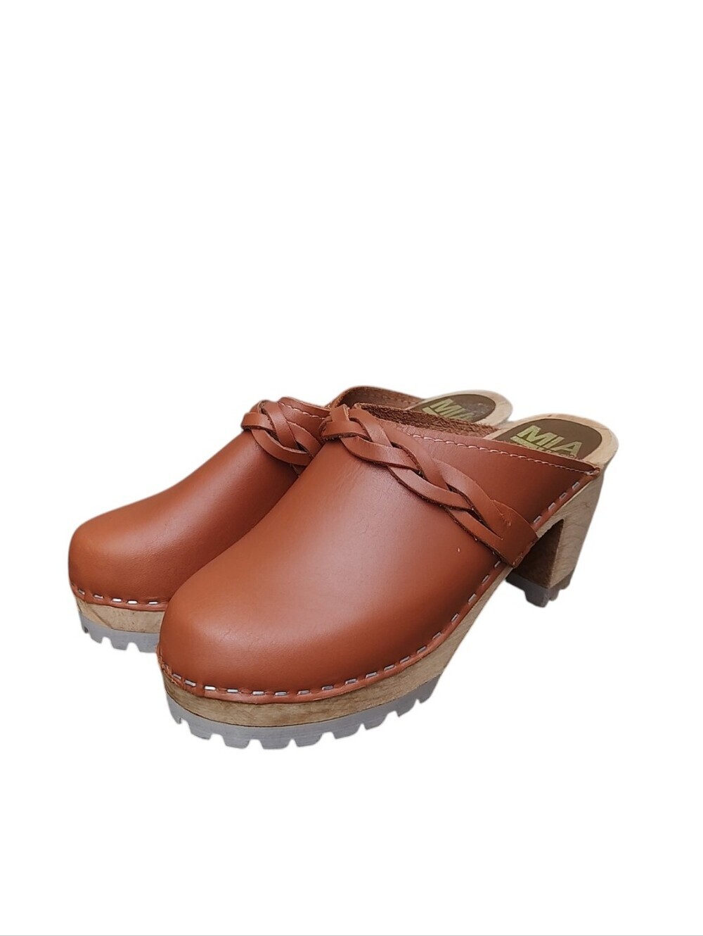 MIA Brown Leather Braided Strap Wooden Swedish Mules